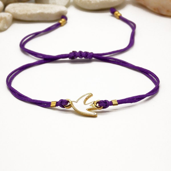 White Bird bracelet | Gold Swallow armband | Cord wristband with enamel charm | Purple adjustable bracelet | Luck prosperity freedom gift