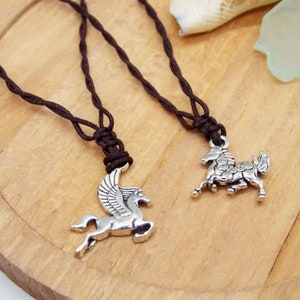 Horse or Pegasus Necklace: Adjustable Cord, Brass Charm