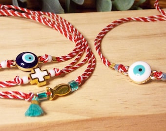 Greek Martis Bracelet | Martisoare Martenitsa | March Armband | Small Fish - Cross  - EvilEye Traditional Martaki | BabaMarta