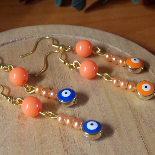 Boucles d'oreilles mauvais œil jaunes, bijoux orange mauvais œil, pendants d'oreilles avec perles oranges et mauvais œil grec, boucles d'oreilles bleu mati pour fille, cadeau pour elle