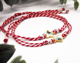 Greek Martis Bracelet: Evil Eye Charm, Red White Cord, Baba marta, Martenitsa Martinka Martisor