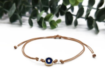 Brown thread bracelet with evil eye,Adjustable boho evil eye bracelet,Gold and blue nazar,Greek eye unisex jewelry for gift,Minimalist hamsa