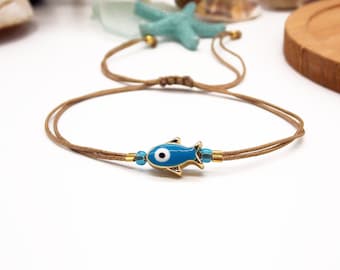 Bracelet poisson bleu, brassard à breloques poisson mauvais œil bleu clair, bijoux de protection unisexe, bracelet réglable avec poisson, bracelet petit poisson