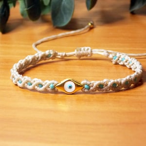 Handwoven Evil Eye Bracelet: Gold plated Charm, Turquoise Miyuki Beads, Protection armband, Greek jewelry