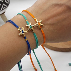 Gold Starfish bracelet, Armband with sea star, Gold sea star myconos bracelet, Greek thread bracelet with charm, Small charm armband gift