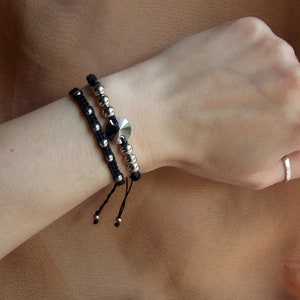 Braided Bracelet Set: Black Cord, Silver Acrylic Beads, Adjustable, 2 pieces