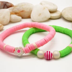 Heishi Elastic Bracelet Set: Green & Pink Polymer Clay, Floral Candy Bracelets