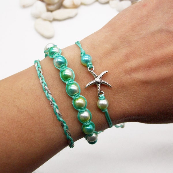 Bracelet étoile de mer | Brassards perle bleu vert | Bracelets amoureux de la mer | Lot de 3 bracelets surfeur | Bijoux en fausses perles | Accessoires de plage