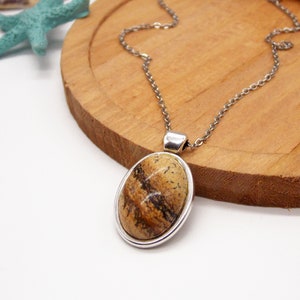 Landscape Jasper Necklace: Boho Silver Plated Stone Pendant, Stainless steel chain