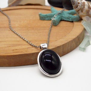 Black Onyx Pendant Necklace: Silver Plated charm, Stainless Steel Chain