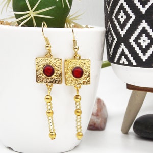 Gold Byzantine Style Drop Earrings: Bordeaux Enamel Detail, Empress look jewelry