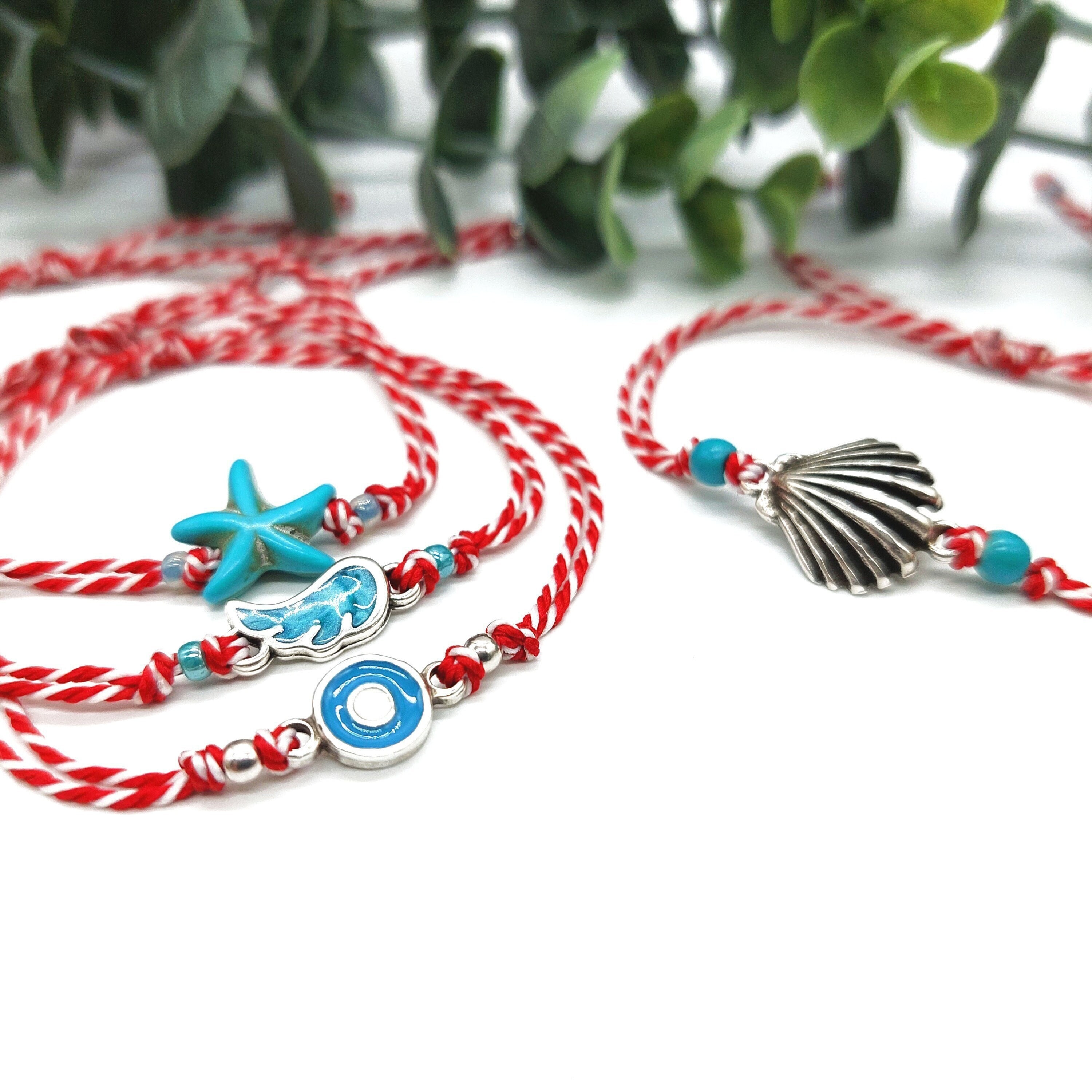 Greek Martis Bracelet: Red White Cord, Evil Eye, Starfish Charm, Baba marta, Martizor, Martenitsa
