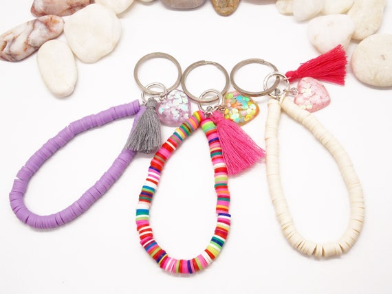 Heishi Beaded Keychain: Handmade Polymer Clay Tassel Keyring
