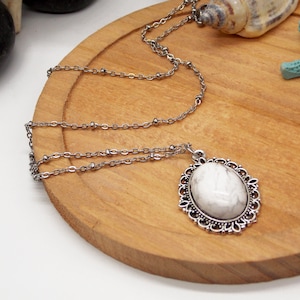 Howlite stone charm necklace, Marble Pattern Cameo Necklace with White Howlite Stone,Gemini Zodiac Sign Jewelry for Tranquility