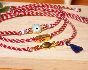 Martis Bracelet: Evil Eye, Fish Charm - Greek Spring Tradition, Baba Marta, Martisoare, Martizor