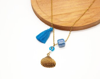 Goldene Muschelkette, griechisches böses Auge Halskette mit Muschel, Quastenhalskette mit goldenem Charme, Blaue und goldene Halskette, Geschenk für griechische Mama