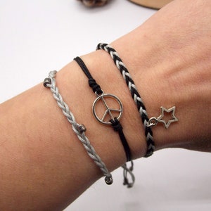 Boho Charm Bracelet Set: Black & Gray Handwoven Armbands, Stacking jewelry, Hippie Style