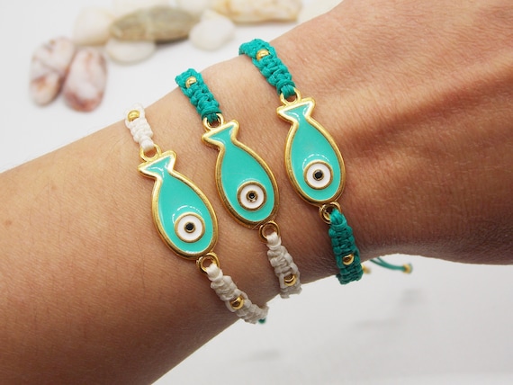 Fish Bracelet Fish Evil Eye Armband Surfer Jewelry With Gold Handwoven Bffe Gift Green Blue Fish Protection Jewellery From Greece Etsy Canada
