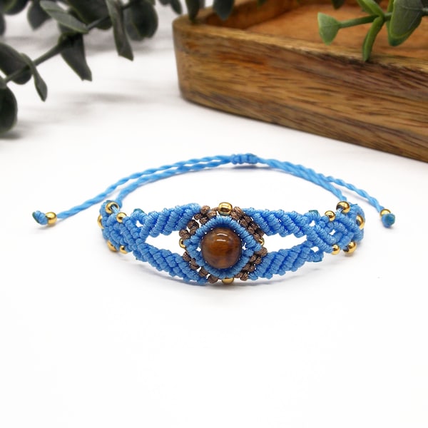 Blue Bohemian bracelet, healing gemstone bracelet,lithotherapy woven boho bracelet,tiger's eye jewelry, womens crystal armband, gift for her