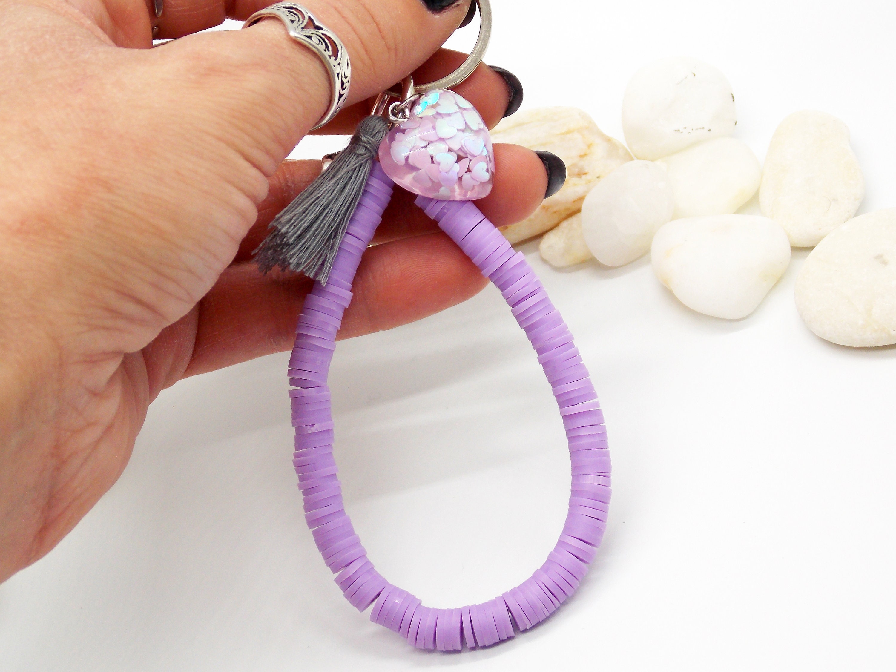 Heishi Beaded Keychain: Handmade Polymer Clay Tassel Keyring