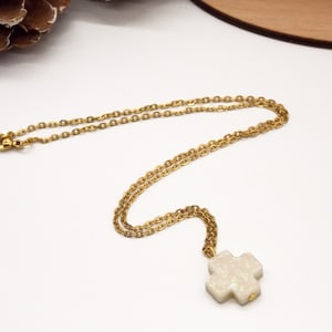Iridescent White Cross Necklace - Gold Stainless Steel Chain - Protection and Faith jewelry