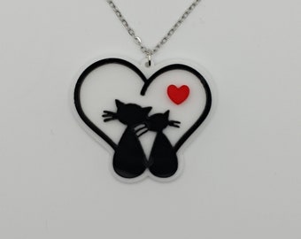 Halskette Katzen im Herz, Catlover aus Epoxidharz mit hochwertiger Edelstahlkette, 45, 50 oder 60 cm Kette