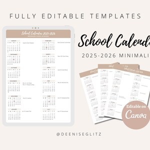 2025/2026 Minimalist School Calendar Form, School Academic Calendar, School Year, Organiser, School Events, Newsletter, Editable on Canva