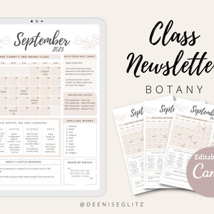 BOTANY Monthly Newsletter Template, Classroom Newsletter, School Newsletter, Parents&#39; Communication, Editable on Canva