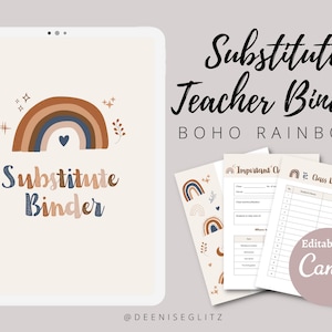 BOHO RAINBOW Substitute Binder, 11-Page Bundle Template Pack, Folder for Substitute Teacher, Sub Plans, Printable, Editable on Canva