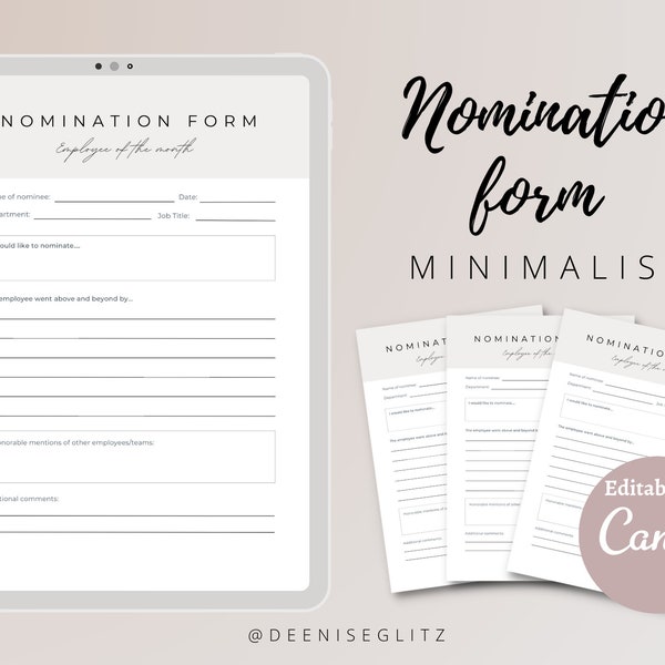 MINIMALIST Employee Nomination Form, Employee of the Month, Recognition, Appreciation, Award Nominee, Editable on Canva