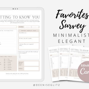 MINIMALIST ELEGANT Employee Favorites, Getting To Know You, My Favorite Things Questionnaire Template, Printable, Editable on Canva