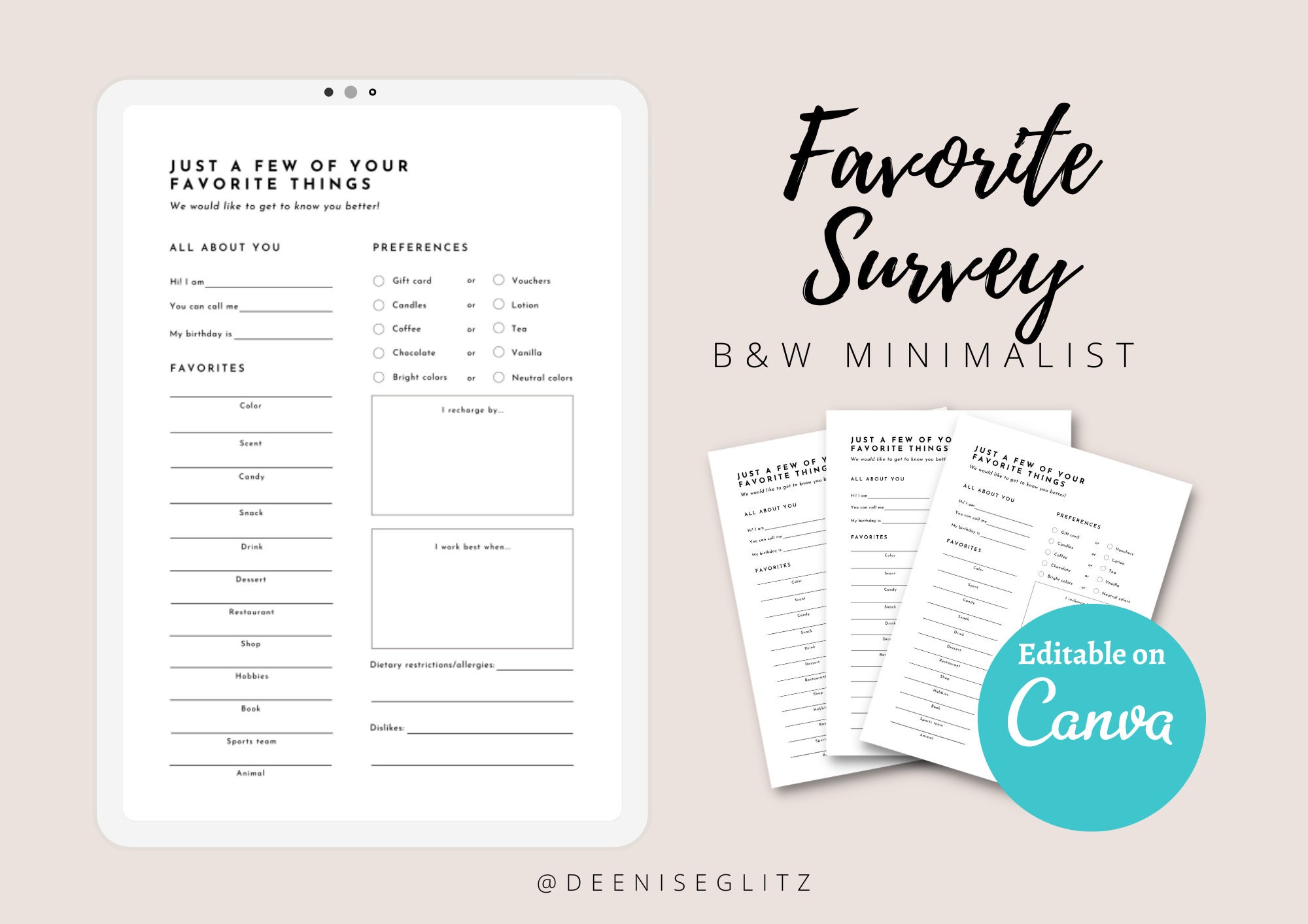 B&W MINIMALIST Employee Favorites List Template My Favorite Etsy