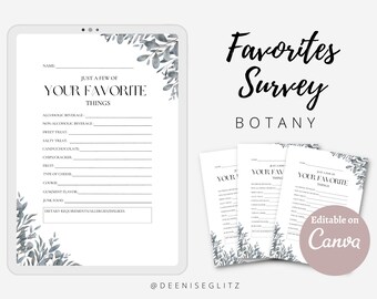 event planner business cards BOTANY Favorites Survey, Getting to know You, For Employees, Staff, Dinner Parties, Questionnaire, Event Planning, Editable on Canva