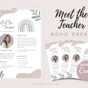 BOHO DREAM Treffen Sie den Lehrer Vorlage, bedruckbar, Klassenzimmer Newsletter, Elternmitteilung, bearbeitbar auf Canva
