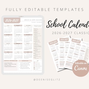 Schulkalender 2026-2027 Vorlage: Bearbeitbar auf Canva (PDF)