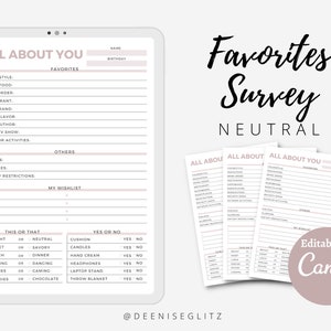 NEUTRAL Employee Favorites List Template, My Favorite Things, Getting to know, Co-worker Survey, Customised, Editable on Canva