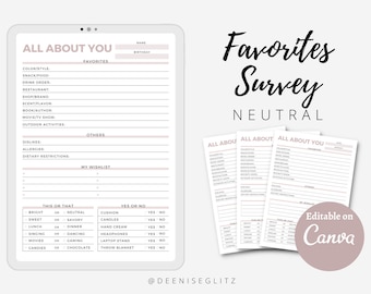 NEUTRAL Employee Favorites List Template, My Favorite Things, Getting to know, Co-worker Survey, Customised, Editable on Canva