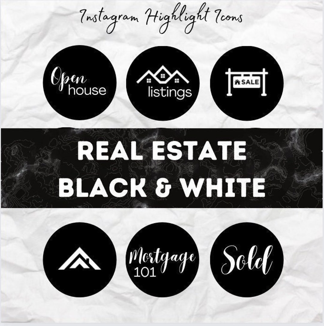 96 B & W Real Estate Instagram Story Highlight Covers, Black and White