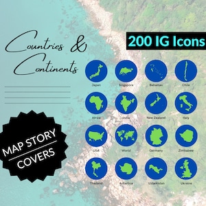 Portada destacada de Instagram con mapas de países y continentes, portadas de historias de Instagram en verde y azul, íconos de IG para blogueros de viajes, paquete de íconos de redes sociales