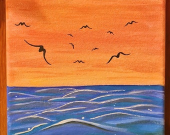 Waves at Dusk, Original Gouache Painting on Canvas