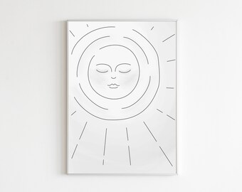 Peaceful Sun Art Print, Printable Decor Art, Celestial Black And White Print