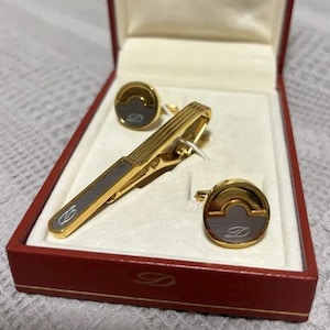 New Vintage Rare Limited S.T. DUPONT Set Cufflinks Round Tie clip Gold Plated
