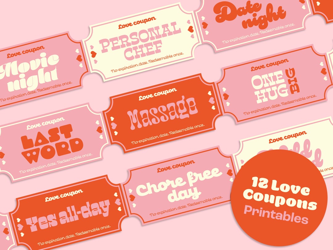 Love Coupons Printable Pink Digital Download Valentines Vouchers Gift ...