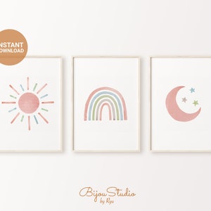 Set of 3 Pastel Nursery Printable Wall Art, Sun Rainbow Moon Gender Neutral Muted Warm Cozy Watercolor Kid Baby Room Decor, INSTANT DOWNLOAD