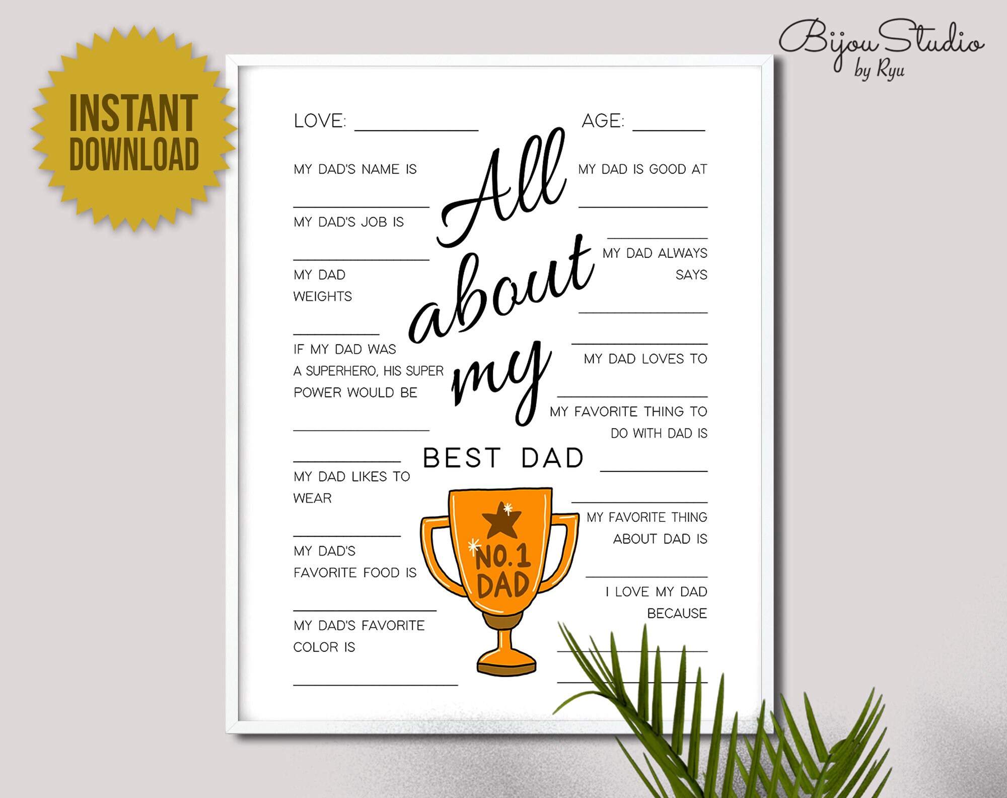 All About My Dad Printable, Fathers Day Gift From Kids, Questionnaire ...