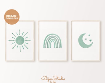 Set of 3 Boho Nursery Printable Wall Art, Green Sun Rainbow Moon Art, Gender Neutral Print, Watercolor Baby Room Decor, INSTANT DOWNLOAD