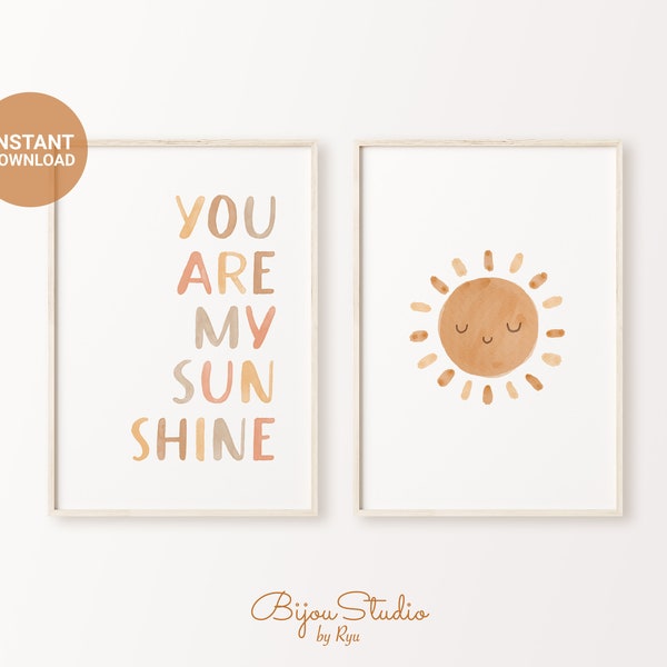 Set of 2 Boho Nursery Printable Wall Art, You Are My Sunshine Sun Gender Neutral Wall Print, Baby Room Decor, Warm Quotes, INSTANT DOWNLOAD
