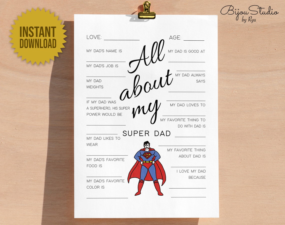 All About My Dad Printable Fathers Day Gift From Kids - Etsy