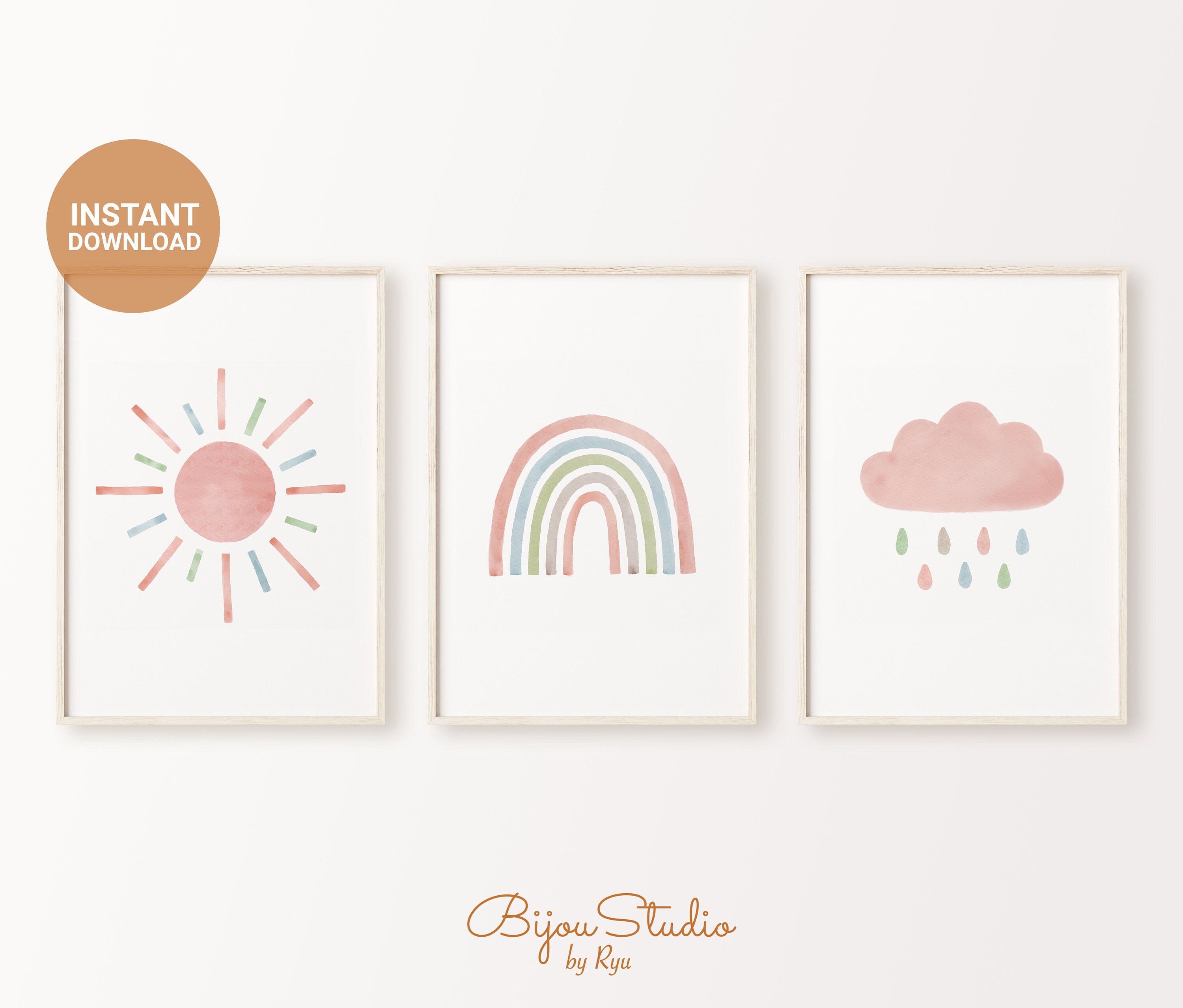 Set of 3 Pastel Nursery Printable Wall Art Sun Rainbow Cloud - Etsy