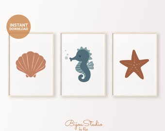 Set of 3 Sea Shellfish Starfish Sea horse Boho Beach Nursery Printable Wall Art, Gender Neutral Baby Room Coastal Decor, INSTANT DOWNLOAD